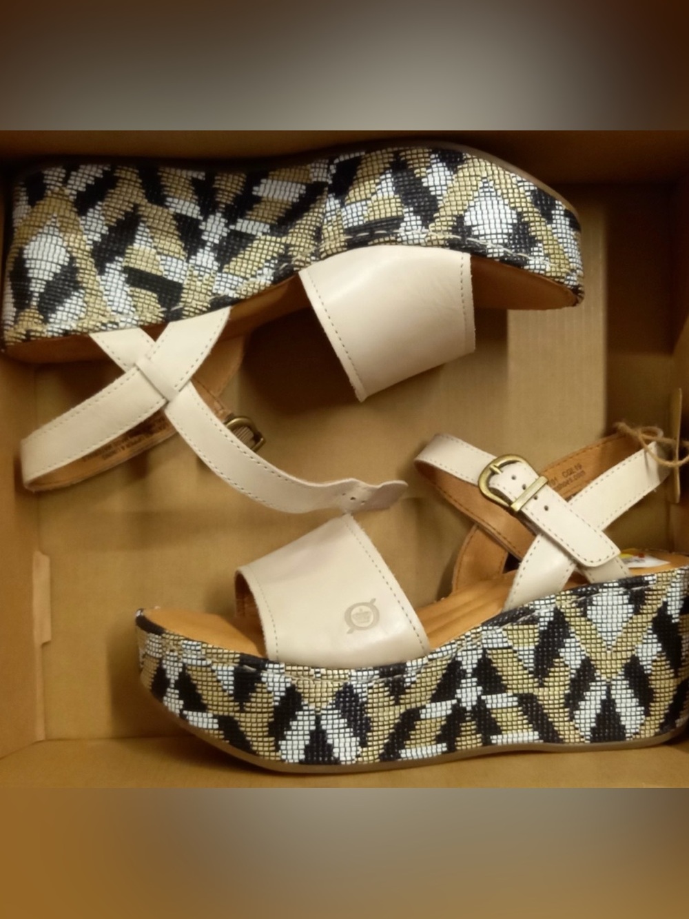 Born Dorrah Cream Platform Sandals with Patterned Wedge